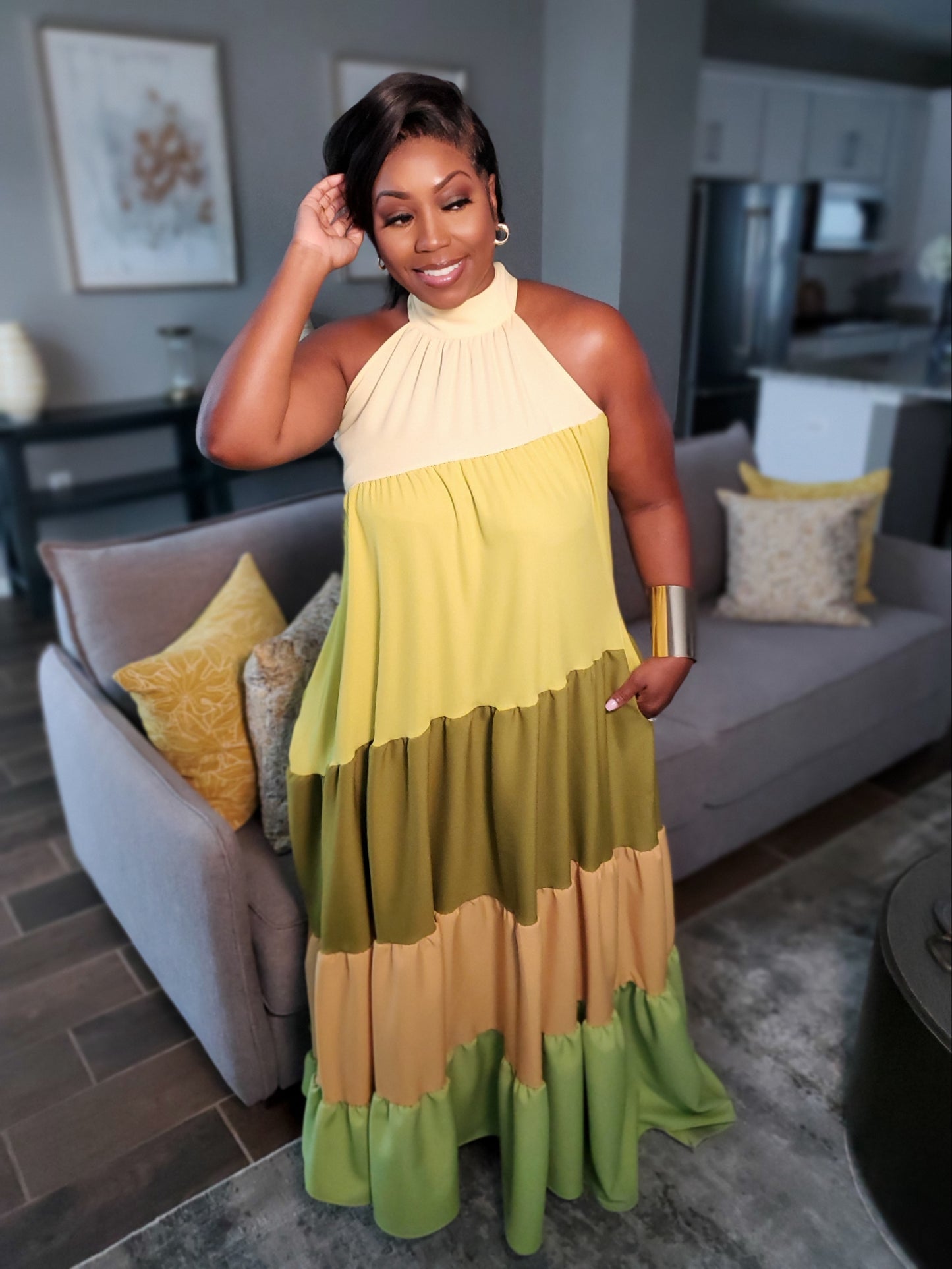 Autumn Glow Tiered Halter Maxi Dress| Review Description & Return Policy Prior To Purchase