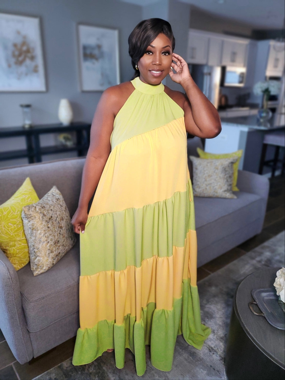 Autumn Glow Tiered Halter Maxi Dress| Review Description & Return Policy Prior To Purchase