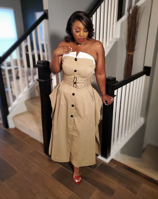 Uptown Edge Strapless Trench Dress | Review Description & Return Policy