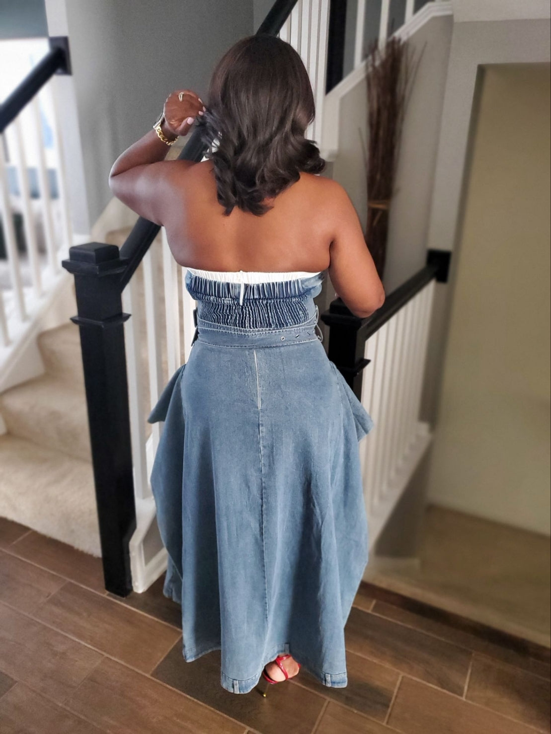 Uptown Edge Strapless Trench Dress in Denim | Review Description & Return Policy