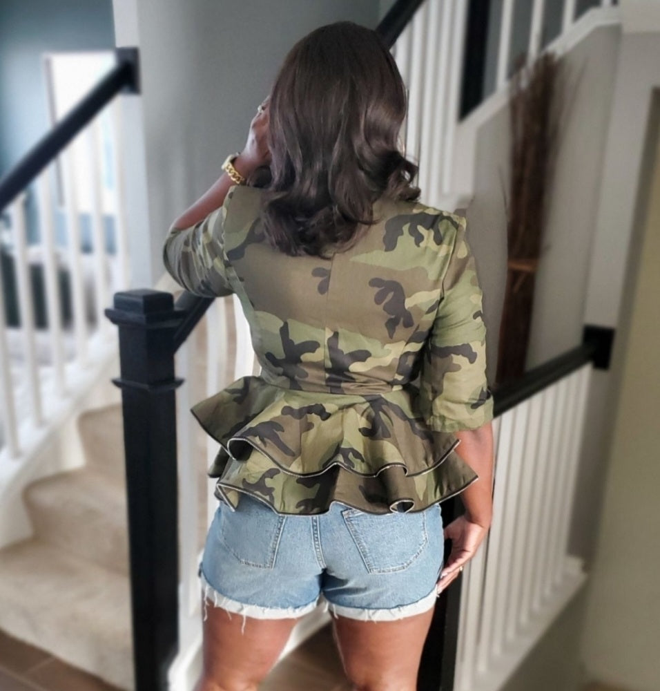 Camo Peplum Blazer | Review Description & Return Policy
