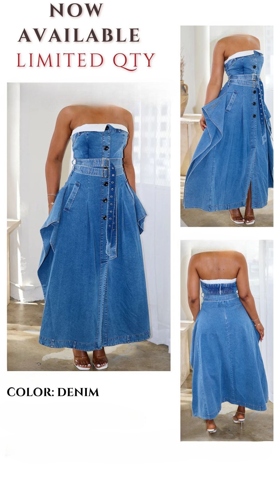 Uptown Edge Strapless Trench Dress in Denim | Review Description & Return Policy