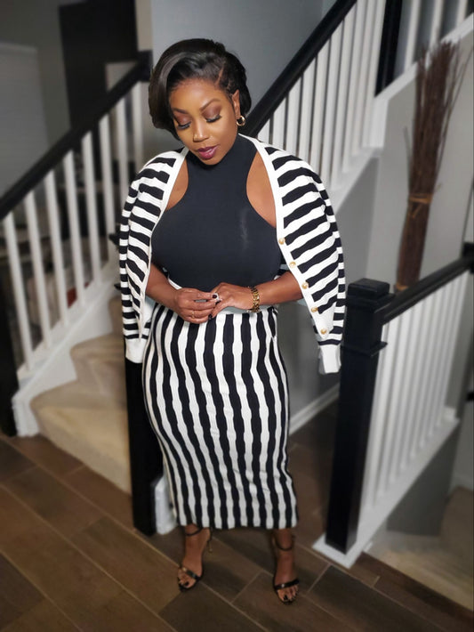 Chic Striped Two-Piece Cardigan Maxi Set | Review Description & Return Policy Prior To Purchase