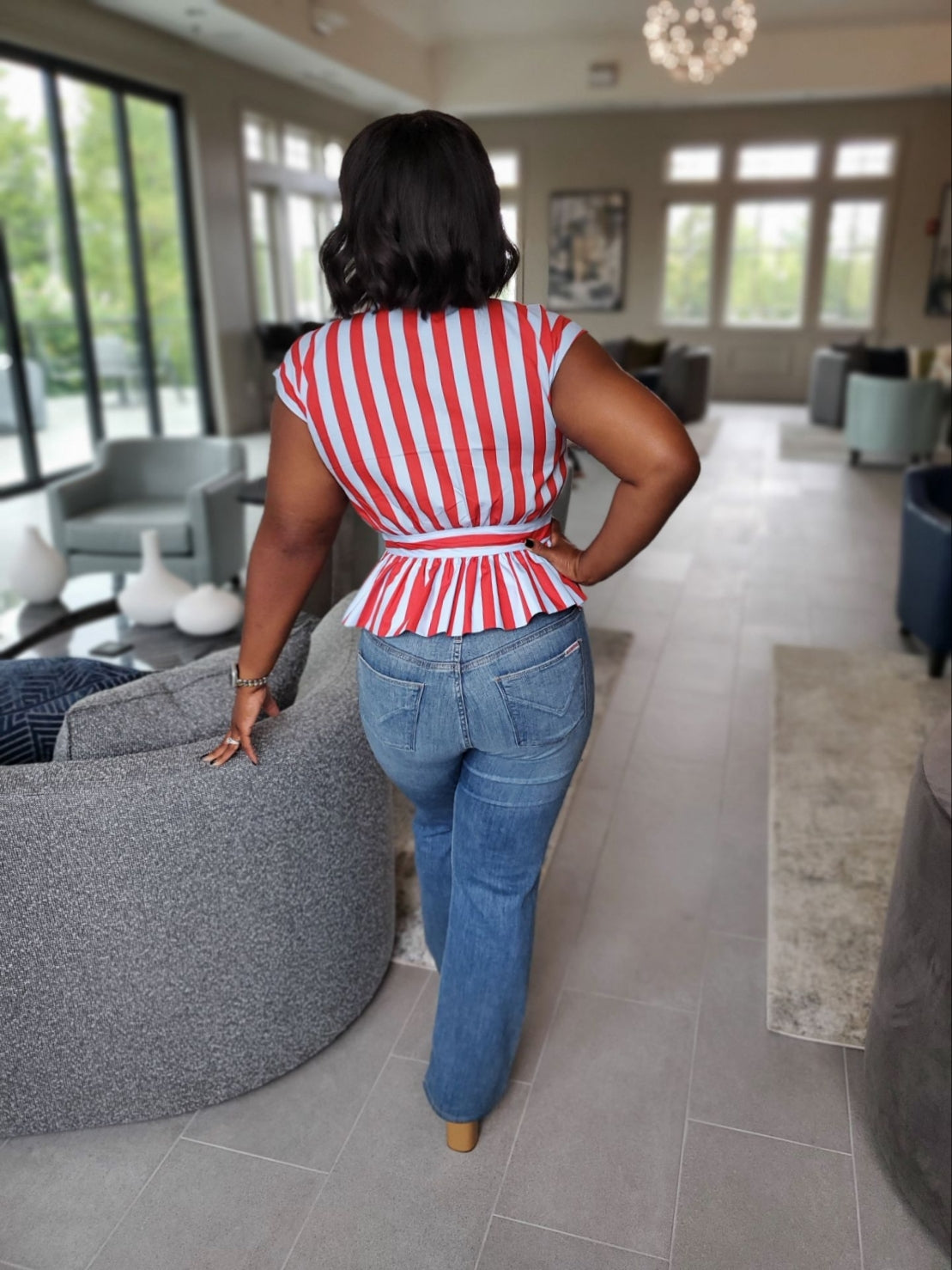The Uptown Stripe Tie-Neck Peplum Top | Review Description & Return Policy