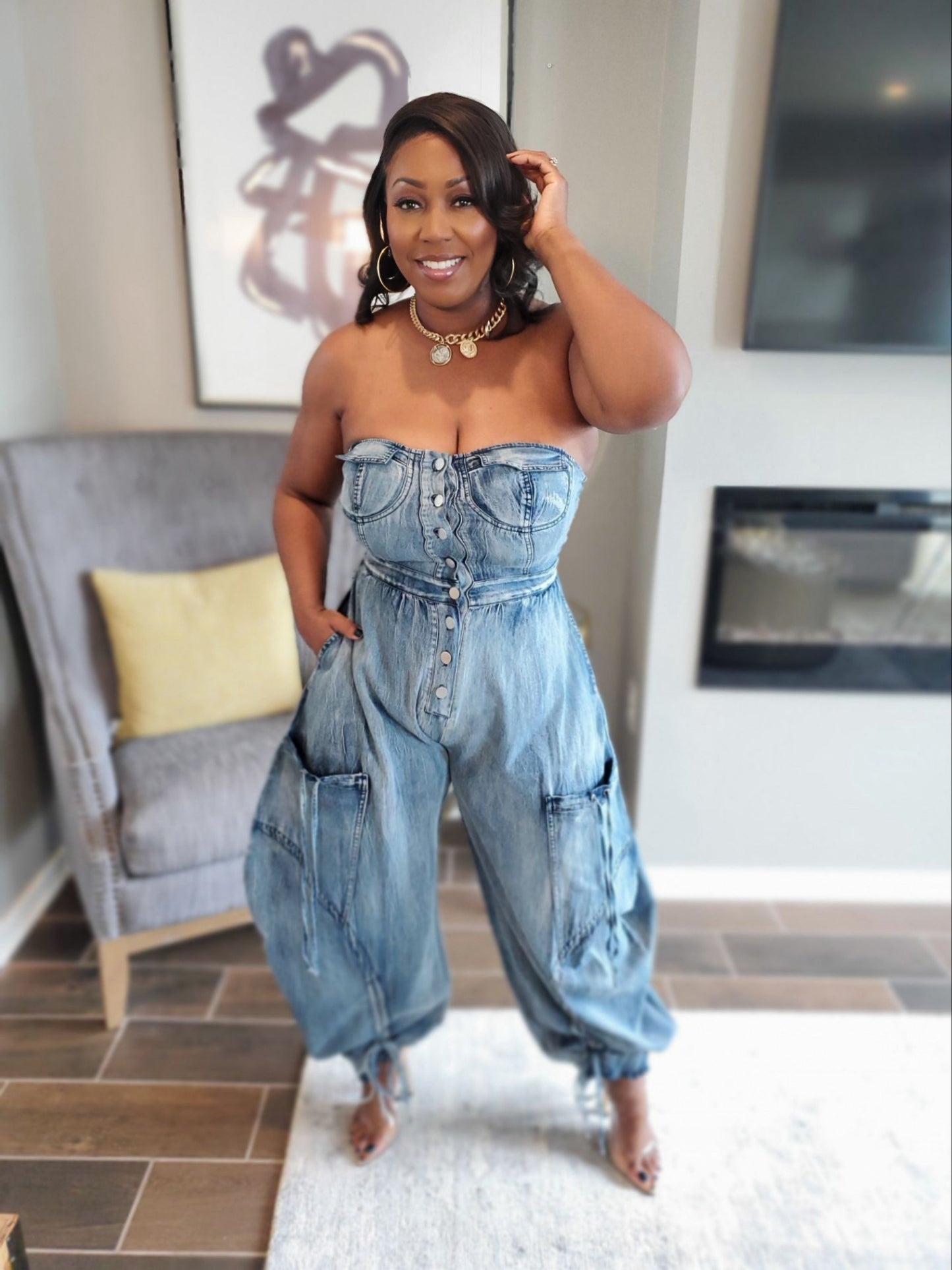 Denim Strapless Cargo Jumpsuit | Review Description & Return Policy