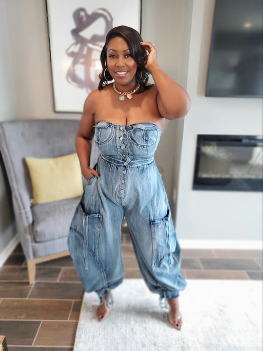 Denim Strapless Cargo Jumpsuit | Review Description & Return Policy