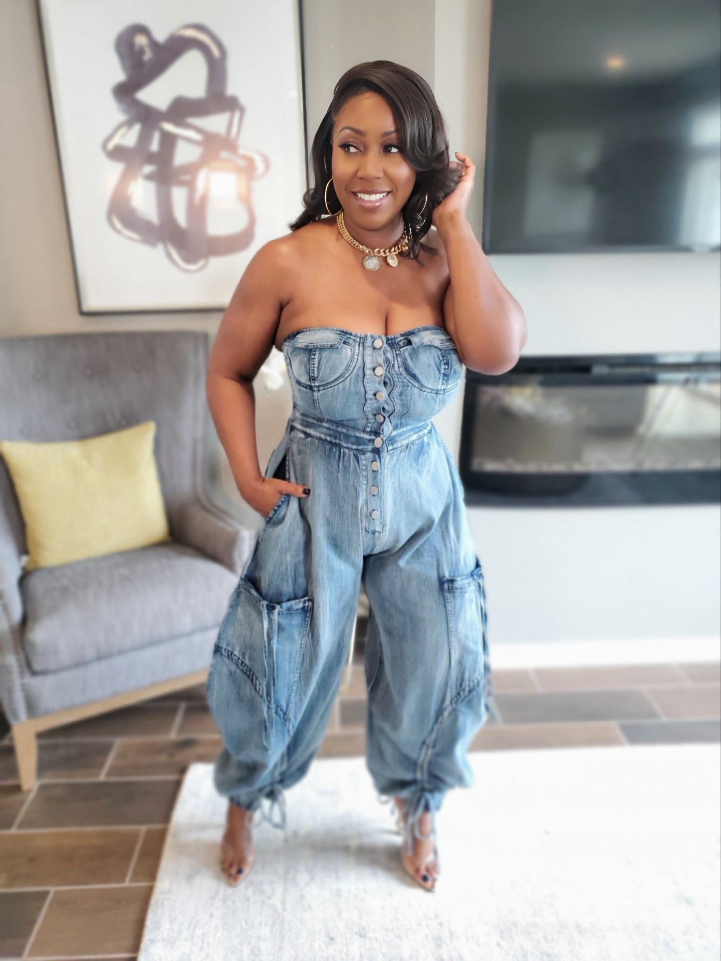 Denim Strapless Cargo Jumpsuit | Review Description & Return Policy
