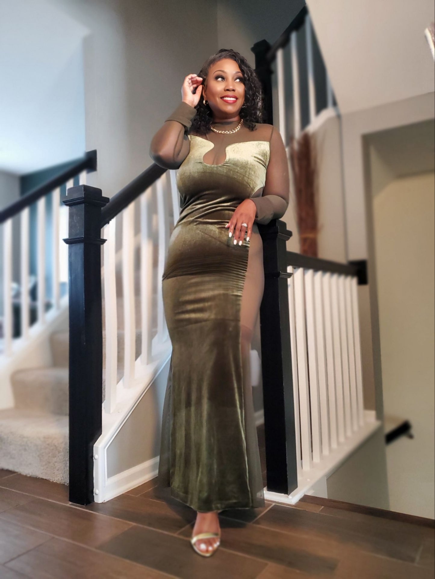 Luxe Olive Velvet Sheer-Sleeve Gown | Review Description & Return Policy Prior To Purchase