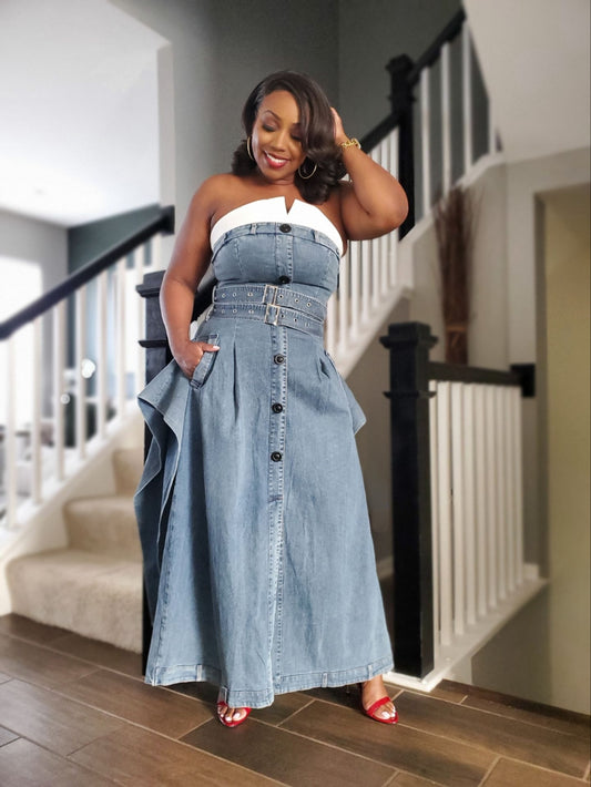Uptown Edge Strapless Trench Dress in Denim | Review Description & Return Policy