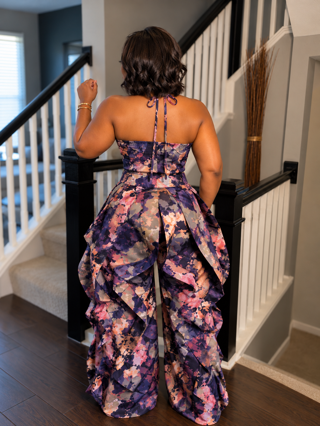 Autumn Muse Abstract Print Halter Jumpsuit & Mesh Top Set | Review Description & Return Policy