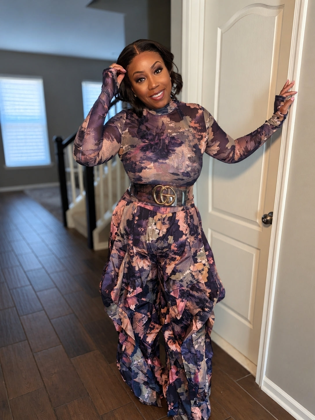 Autumn Muse Abstract Print Halter Jumpsuit & Mesh Top Set | Review Description & Return Policy