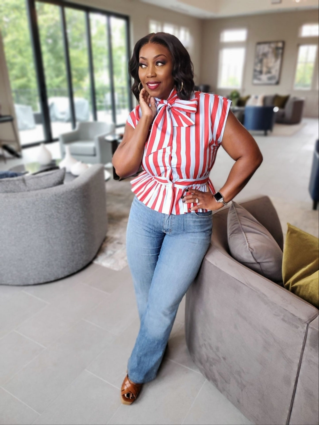 The Uptown Stripe Tie-Neck Peplum Top | Review Description & Return Policy